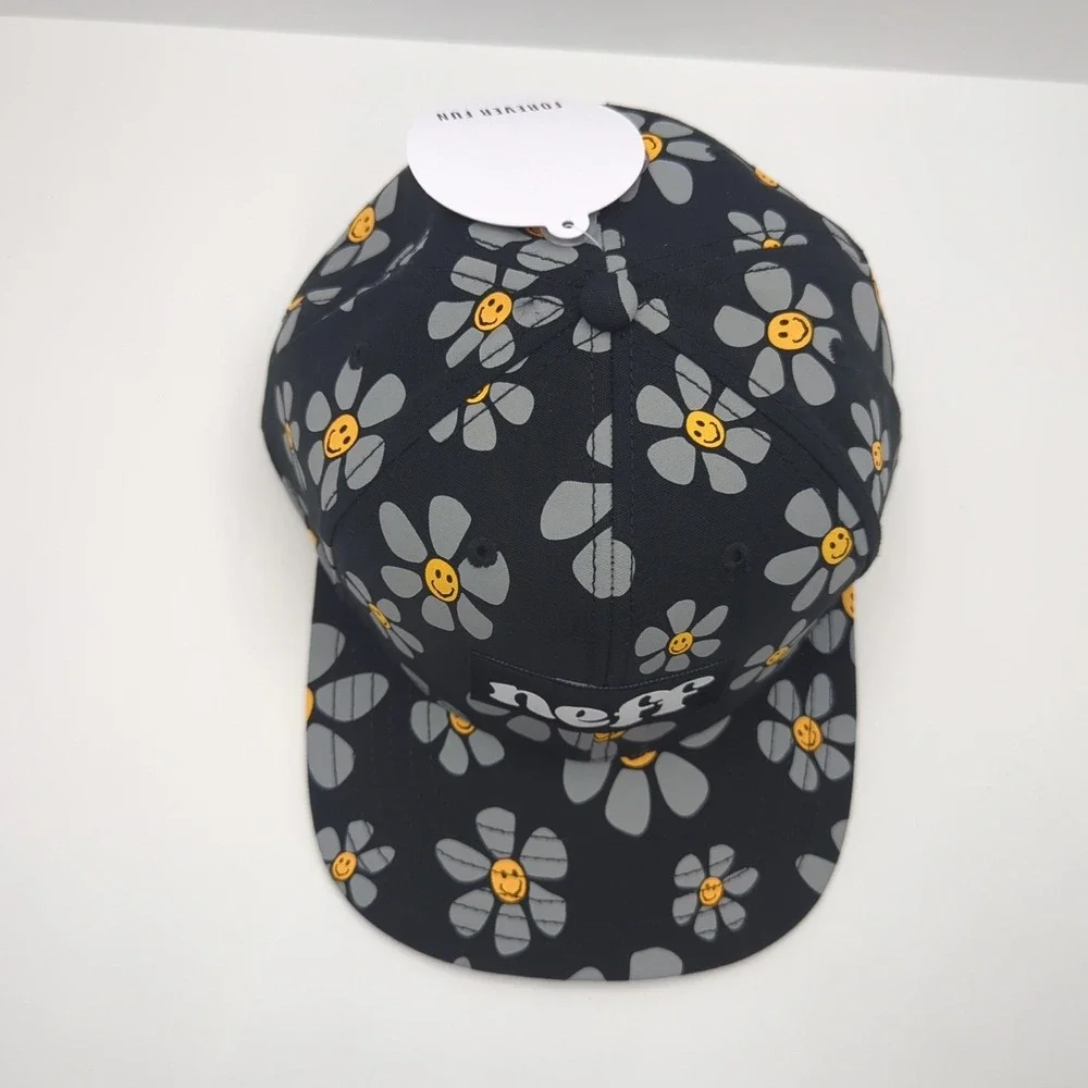 Neff Forever Fun Snapback Hat Black Daisy Smiley Face Floral Print Flat Brim Cap